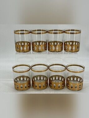 Vintage Culver Antigua 22K Gold Lowball Glasses - MCM Cut Out Oval Rocks - 8 PC